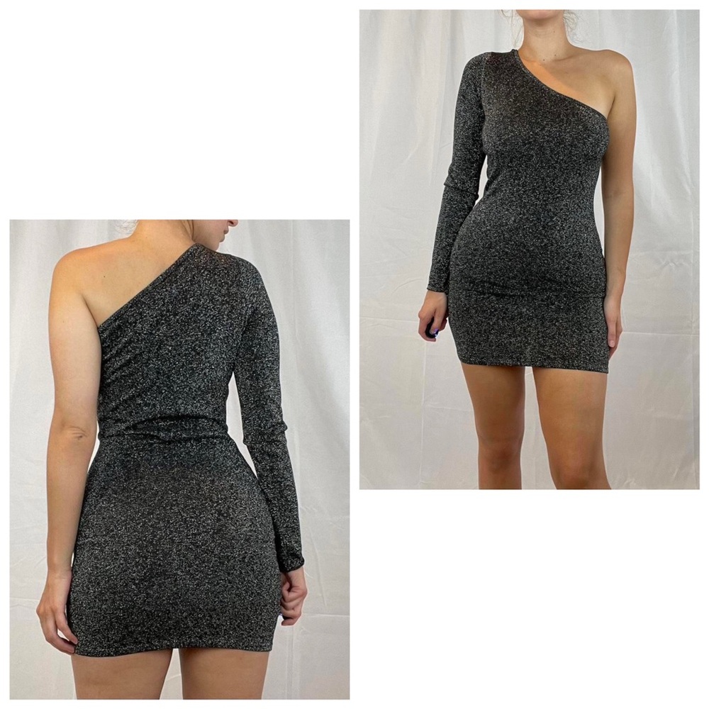 BCBGMaxAzria Black Silver Glitter Sparkle One Shoulder Cocktail Mini Dress M - Picture 9 of 12